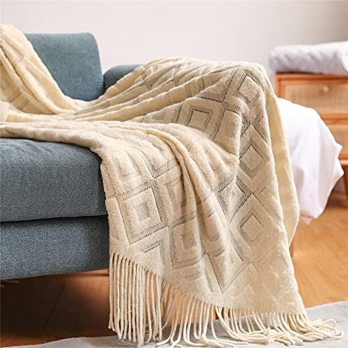 Zoomlie Weiche Strickdecke mit Fransen, Quasten, 130 x 170 cm, grüner Plüsch-Jacquard, Diamant-Textur, gemütliche warme Decke für Sofas, Sessel, alle Jahreszeiten (Beige, 130 x 170 cm)