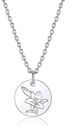 Bestyle Collier Homme Femme en Acier Inoxydable série de Fleurs d'anniversaire de décembre Lys de mai avec chaîne en O 45cm+5cm Argent