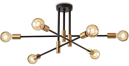 Lightess Chandeliers Ceiling Light Sputnik Chandelier 6 Lights, Black and Gold Metal E27 Pendant Light for Living Room Bedroom Kitchen, Max 40W(Not Include Bulb)