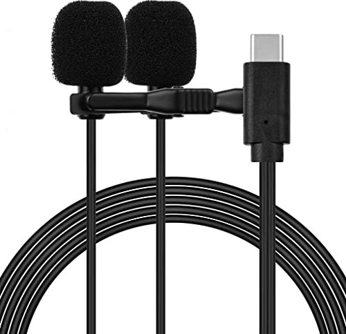Samnuerly Micrófono de Solapa Lavalier Micrófono omnidireccional con Clip Cable de 2,5 m de Doble Cabezal para USB Tipo C para grabación de Video de entrevistas