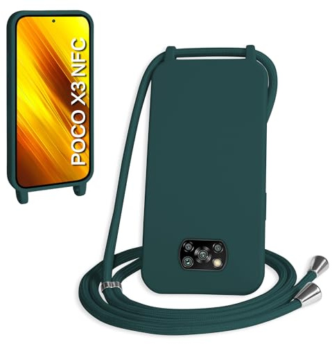 WenBaby Handykette für Xiaomi Poco X3 NFC/Poco X3/Poco X3 Pro Hülle mit Band,Handyhülle mit Schnur zum Umhängen Silikon Seil Necklace Schutzhülle mit Kordel Tasche Case TPU Bumper - Dunkelgrün