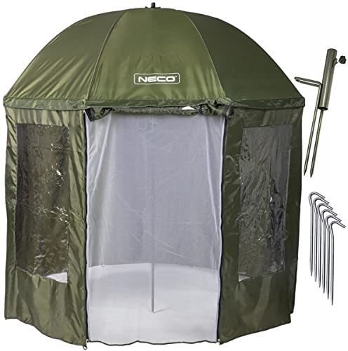 NECO Ø250 cm Fishing Umbrella, Fishing Tent for 3 People, 3 Windows, Mosquito Net, Umbrella Stand, Pegs, 220D Material