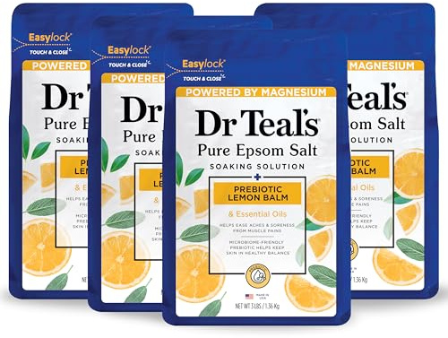 Dr Teal's Pure Epsom Magnesium Salt Soak, Prebiotic Lemon Balm & Essential Oil, 3 lbs (Pack of 4)