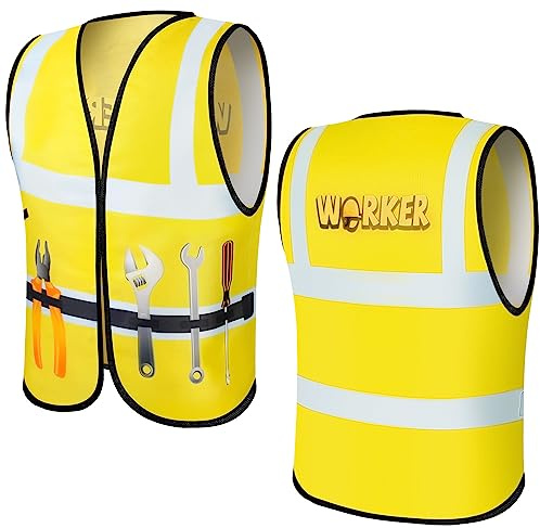Xtinmee 2 gilets de construction pour enfants, costume d'ouvrier du bâtiment, gilet de sécurité haute visibilité pour personnes âgées (jaune)