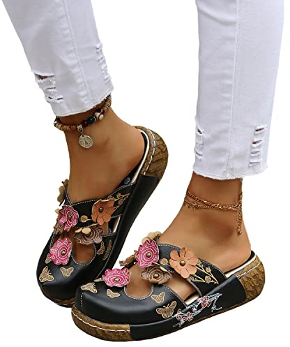 EGSDMNVSQ Sandali da Donna con Tacco Estivo Mules Pantofole Fiore Mocassini Cunei Loafer Scarpe Infradito Zoccoli Outdoor