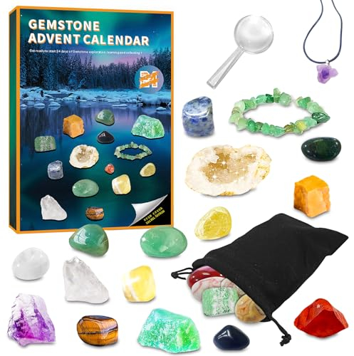 Adventskalender 2025, Weihnachten Countdown Kalender für Kinder, 24 Tage Sammlung von Gesteinen, Mineralien, Edelsteinen und Kristallen, Beste Geschenk für Jungen, Mädchen und Geologie Enthusiasten