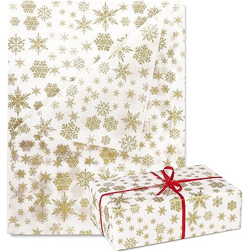 BHGT 20 Stk. Seidenpapier Weihnachten 50x70cm Weiß Goldene Schneeflocken Geschenkpapier als Verpackungsmaterial Seidenpapier Weihnachtspapier zum Basteln Deko für Winter Weihnachten Hochzeit