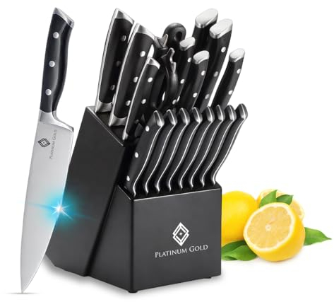 PLATINUM GOLD 19-teiliges Messerblock mit Messer und Schärfer – knife set Küchenmesser Set mit Selbstschärfendem Block – Luxuriöses Kochmesser Set für Präzision, Haltbarkeit und Eleganz