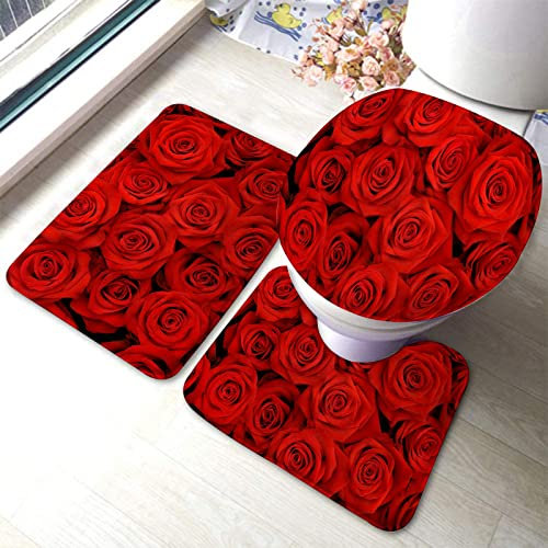 Set 3 Teilig Badvorleger Viele Rote Rosen Im Flachwasser Geschossen rutschfeste Fußmatte Set Anti-Rutsch Wc-Deckelbezug, Für Wohnzimmer, Spa
