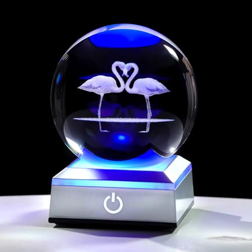 Movdyka Crystal 3D Flamingos Figurine 3.15in Ball Gifts for Women Couple | Glass Engraved Animal Art Sphere for Flamingo Lovers, LED Light Base, Valentine's Day Keepsake for Wife, Home Ornaments