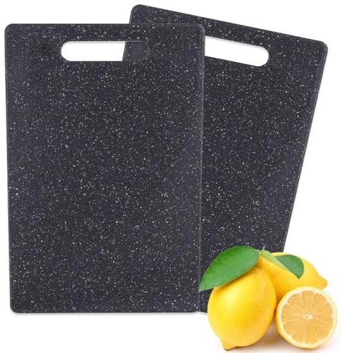 2 Stück Schneidebretter Kunststoff, Professionelles Schneidebrett Set mit Rutschfeste Griffe Küchenbretter Granitoptik Spülmaschinenfest Küchenbrett(25 x 15 cm Schwarz)