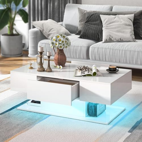 LIFEZEAL Mesa de Centro con LED, Mesa de salón Alto Brillo con Tira de luz y Mando a Distancia, Mesa de café Moderna con 2 cajones, Mesa Centro Iluminado para salón, Oficina (Blanco)