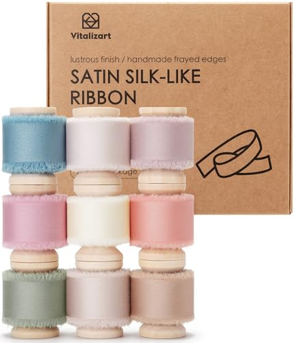 Vitalizart Satin Geschenkband 9 Farben 2,5 cm x 41,1 m Hölzerne Spule, Handgefertigtes Ausgefranstes Seidenband für Geschenk Verpacken Hochzeit Brautsträuße Urlaub Dekor