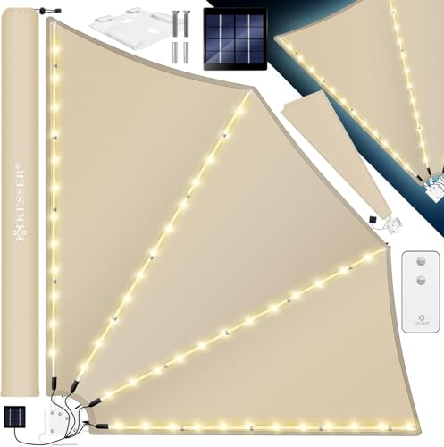 KESSER® Tenda da balcone con LED a Ventaglio, Pieghevole con supporto a parete, 140 x 140 cm, Protezione dal vento, Protezione, Tenda laterale, Resistente alle intemperie, Beige
