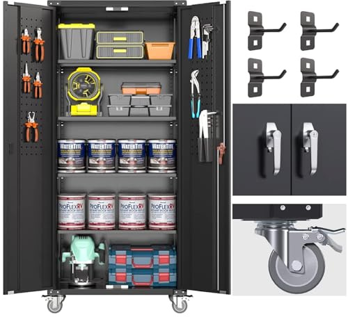 SUPEER Metallschrank mit Pegboard und Abschließbare Räder, 4 höhenverstellbaren Fachböden,Stahlblech Pulverbeschichtung,Stahlschrank Abschließbar für Werkzeuge,Garage183 x 80 x 40 cm（schwarz）