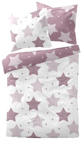 Traumschlaf Biber Bettwäsche Sterne lila – kuschelige Flanellbettwäsche aus 100% Baumwolle – flauschig weich & atmungsaktiv – mit Sternendesign & Reißverschluss – 155x220 cm + 80x80 cm