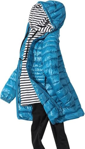 Suncadmious Chaqueta de Pluma Acolchada Ligera para Mujer Abrigo con Capucha Abrigo Largo de Invierno Chaqueta Suave y Elegante Abrigo de Invierno con Cremallera (Azul,L)