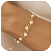 LunarCharm Goldene Perlenarmbänder für Damen mit Geschenkbox, 14 Karat vergoldete Armbänder, zierliche Perlen, Perlenkette, Herz-Perlenarmbänder