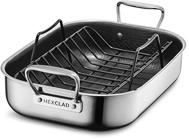 HexClad Hybrid-Bräter mit Rost, 25x35 cm – Edelstahlbräter für Induktion und Backofen – Spülmaschinen- und ofenfest bis 480°C, antihaftbeschichtet – Ideal als Enten- und Gänsebräter, auch zum Grillen