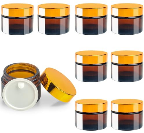 Roellgs 8 Pcs 50ml Amber Glass Jars, Brown Glass Cosmetic Tinted Jars, Empty Cosmetic Containers with Inner Liners and Black Lids for Lotions Cream Ointments