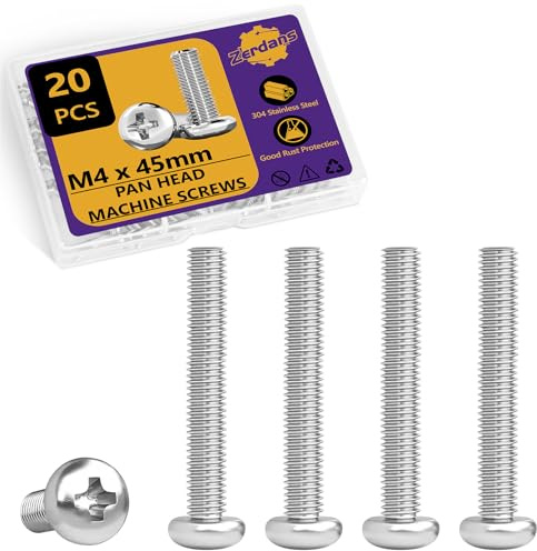 Lot de 20 vis pour machine M4 x 45 mm, assortiment métrique en acier inoxydable 304, filetage complet, Phillips Drive pour les réparations de meubles, les réparations et les imprimantes 3D