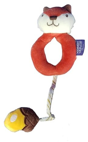 Rassel Fuchs mit Eichelquieker – Spielzeug für Babys, 100% Baumwolle, fördert die sensorische Entwicklung, handliches Design 9 cm x 13 cm, ideal zum Greifen und Spielen, fördert Neugier und Spaß
