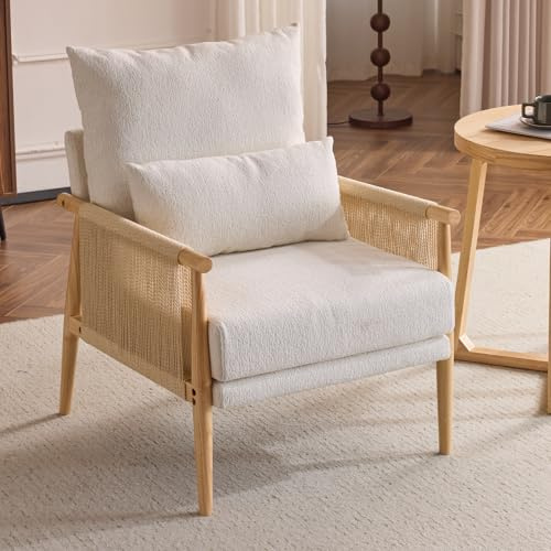 Karl home Cozy Chenille Accent Chair with Lumbar Pillow & Rattan Arms Modern Lounge Chair for Living Room, Bedroom, Reading Nook, Beige