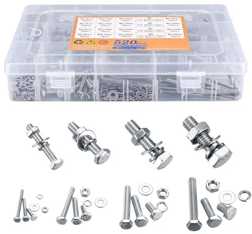 Jeu de Vis Boulons et Écrous, Vis et Ecrou M3 M4 M5 M6 520PCS Kit, vis Boulon et Écrous et Rondelles Set, vis Boulon et Écrou à Tête Hexagonale Acier Inoxydable 304, Avec Boîte de Rangement