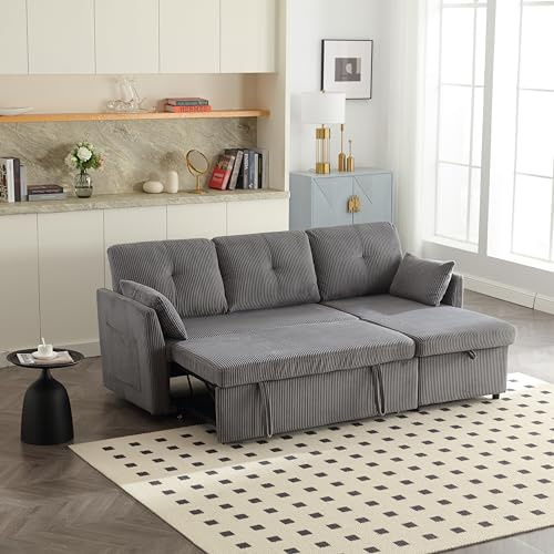 KEIKI 205,7 cm L-förmiges modulares Samt-Wendesofa mit ausziehbarem Bett, beweglicher Stauraum, Chaiselongue, moderne 3-Sitzer-Schlafcouch, einfache Montage, für Wohnzimmer, Schlafzimmer, Dunkelgrau
