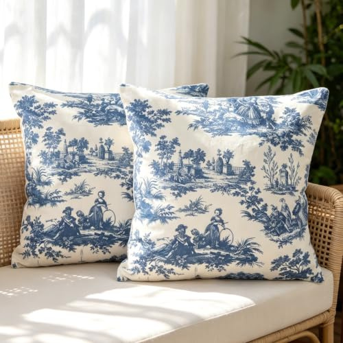 NIULAA Samt Blau Deko Kissenbezug 45x45 Toile de jouy 2er Set | Sofakissen Couchkissen,Vintage Dekokissen mit Muster,Wohnzimmer Deko Kissen bezug,für Sofa Stuhl Bett
