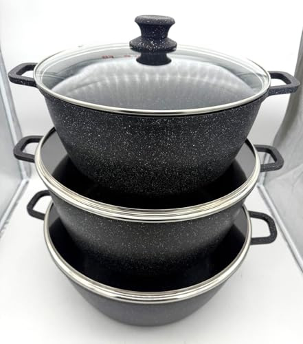 3-Piece Non-Stick Die Cast Cooking Pot Set, 36/40/44 cmLarge Stockpots/Casseroles, Black, Glass Lids, All Hob Compatible