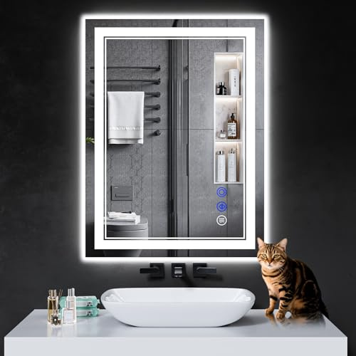 InfiniGlass 32x24 LED Bathroom Mirror with Anti-Fog, Stepless Dimmable Lights, 3 Color Modes, Shatter-Proof Tempered Glass,Waterproof Design