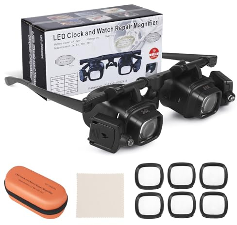 Strixorn Lupe mit LED Licht, Lupenbrille Kopfbandlupe mit 4 Wechselobjektive für Brillenträger(2X,6X,10X,24X), Vergrößerungsbrille mit Einstellbarer Helligkeit für Juweliere, Nähen, Handwerk, Hobbys