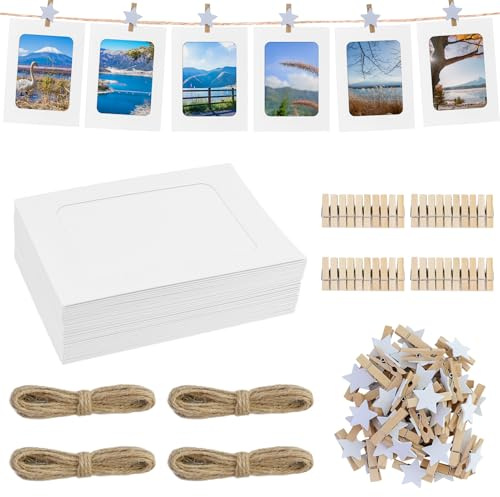 40 guirnaldas de fotos blancas, marcos de fotos, bolsas de fotos, manualidades, papel de estraza con 45 pinzas pequeñas para colgar fotos, 4 cuerdas para fotos, para cumpleaños, bodas, fiestas