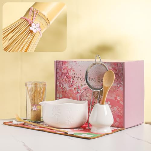 DWEHIXBUY Handcrafted Matcha Bowl Set 8pc - Japanese Style Ceramic Chawan Tea Cups with Floral Art & Wavy Rim | Complete Matcha Tea Ceremony Kit in Premium Gift Box (white)