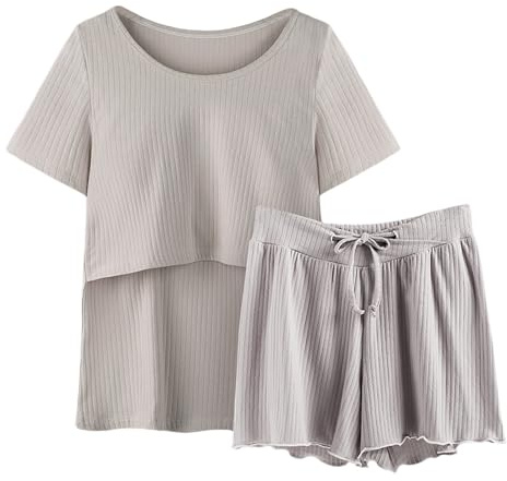 Generisch Pigiama da donna, a maniche lunghe, da notte, per allattamento, per neonati, pantaloni corti, pigiama premaman con abito, grigio., XXL