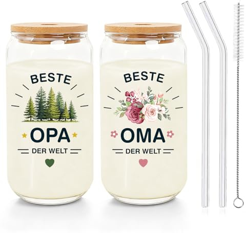 ZJKUBOIS Gläser für Bester Oma und Opa,Oma und Opa Geschenk,500ML Weinglas und Bierglas für Großeltern Geschenke, Gläser mit Deckel und Strohhalm zum Weihnachten,Großeltern Geburtstag