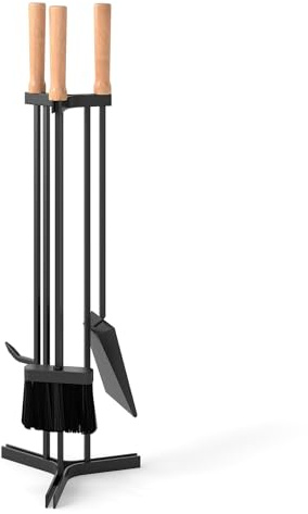 GOPLUS Juego de Utensilios para Chimenea, 4 Accesorios para Chimenea con Atizador, Pala, Cepillo y Soporte, Kit para Leña con Mangos de Madera Maciza, para Uso Interior Exterior