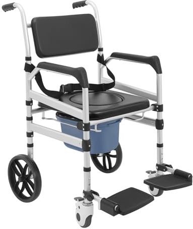 Toilettenstuhl für Senioren, Klappbarer Toilettenstuhl mit Rollen,3 Stufen Höhenverstellbar Duschrollstuhl Nachtstuhl Eimer mit Deckel, Tragfähigkeit 150 kg