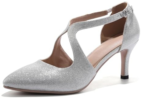 HIPPOSEUS Zapatos de Vestir de Tacón de Aguja 7cm para Mujer Zapatos Cómodos Clásicos con Punta Afilada para Bureau y Fiestas,Plateado,41 EU
