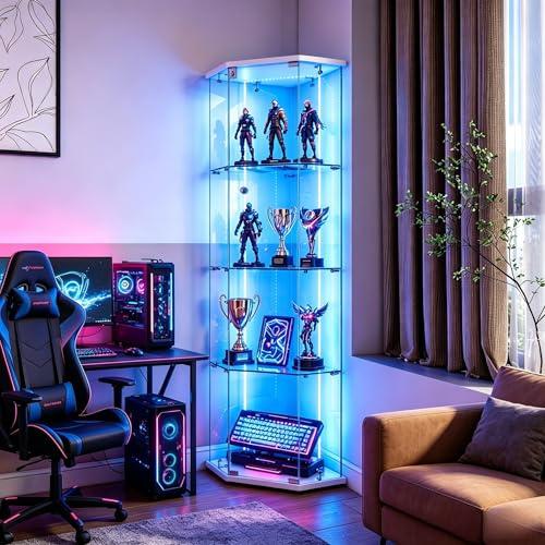 QMTXBYJ Vitrinskåp för hörn med 1 dörr och lås, 162 cm hörnvitrinskåp med LED-belysning, 4 lager hörnvitrinskåp samlarvitrinskåp av härdat glas (LED-ljusremsor, vit -D)