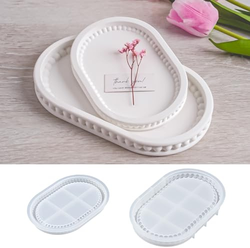 YODOYO Silikonformen Gießformen Tablett | 2er Set Silikonform Tablett oval mit Perlenrand, Formen für Gips & Beton, Epoxidharz, DIY Schmuckablage, Tischdeko