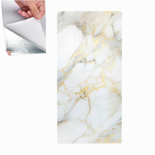 HIKENRI 10Pcs Marble Tile Stickers,60 x 30cm Self Adhesive Wall Tiles,Stick On Tiles for Bathroom,Decorative Waterproof Self Adhesive Tile for Walls Bathroom/Kitchen/Living Room/Bedroom(Gold+White)