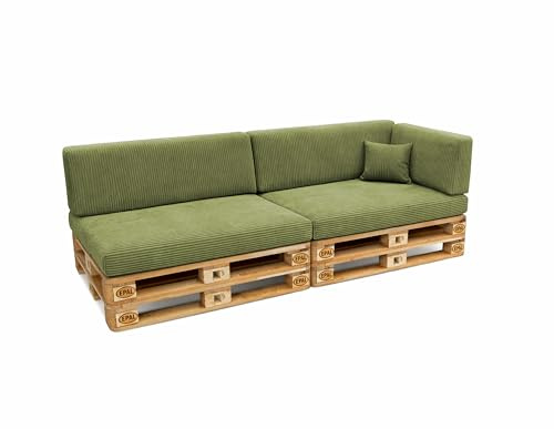 POKAR Set de 6 Coussins pour Palette 2X Assise 2X Dossier 1x Latéral 1x Déco | Coussins pour Canapé de Jardin en Velours Côtelé | Housses Amovibles | Made in EU | Certifié Oeko-Tex | Kaki
