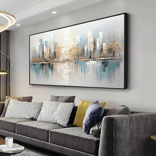 GOSRD Stampe artistiche moderne su tela, pittura murale astratta con albero geometrico, arredamento minimalista blu e dorato per soggiorno e camera da letto (30x60 cm/senza cornice)