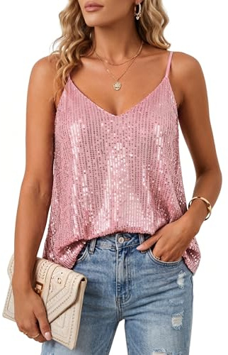 Townshine Damen Pailletten Oberteil Ärmellos V-Ausschnitt Glitzer Shirt Camisole Bluse Party Club Disco Abend Tanktop