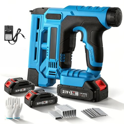 21V Cordless 2 in 1 Nail/Staple Gun, Electric Brad Nailer with 2 Batteries | 2 x 2.0Ah batteries, charger, 1000 brad nails, 1000 staples and gloves; 6 settings for wood, upholstery and DIY fastening