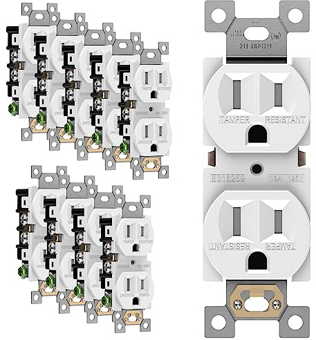 ENERLITES Duplex Receptacle Outlet, Tamper-Resistant Electrical Wall Outlets, Residential Grade, 3-Wire, Self-Grounding, 2-Pole,15A 125V, UL Listed, 61580-TR-W-10PCS, White (10 Pack)