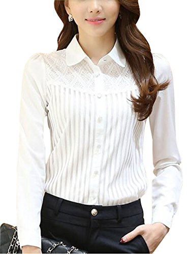 Kvinnors chiffong vintage ståkrage button down-skjorta långärmad spetsblus med stretch, Vit spridd krage, 38