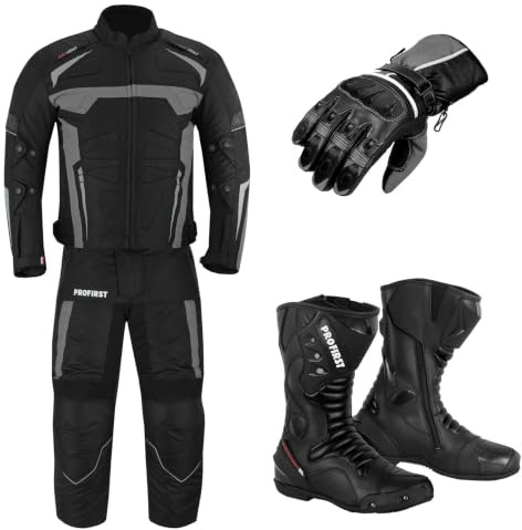 Motorcycle Clothing Suit - Motorbike Suit With Racing Gloves - Motorbike Boots Leather Shoes - 2 Piece Suit Armored Waterproof Suits Jacket Trouser CE Armor For All Weather Mens (Grey, S)